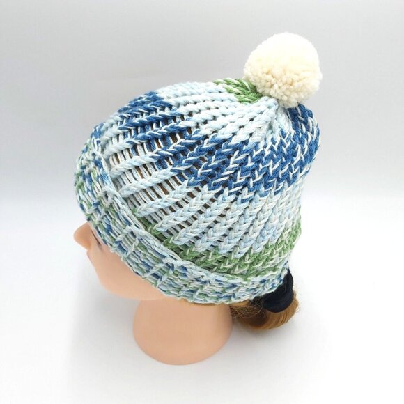 Fingerless Gloves Beanie Hat Toque Pompom Small Blue Green Handmade Loom Knit - Picture 8 of 16